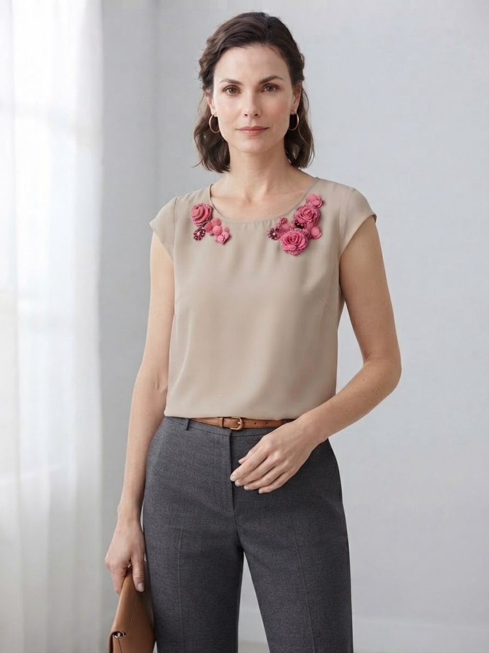New York & Company Beige Cap-Sleeve Blouse with Pink Floral Appliqué